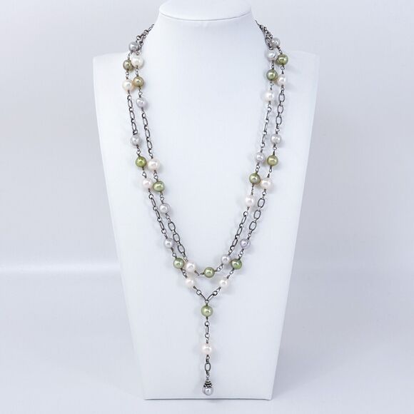 Vintage Sterling Silver 925 Green & White Pearl Y Necklace 17.5”-19.5”